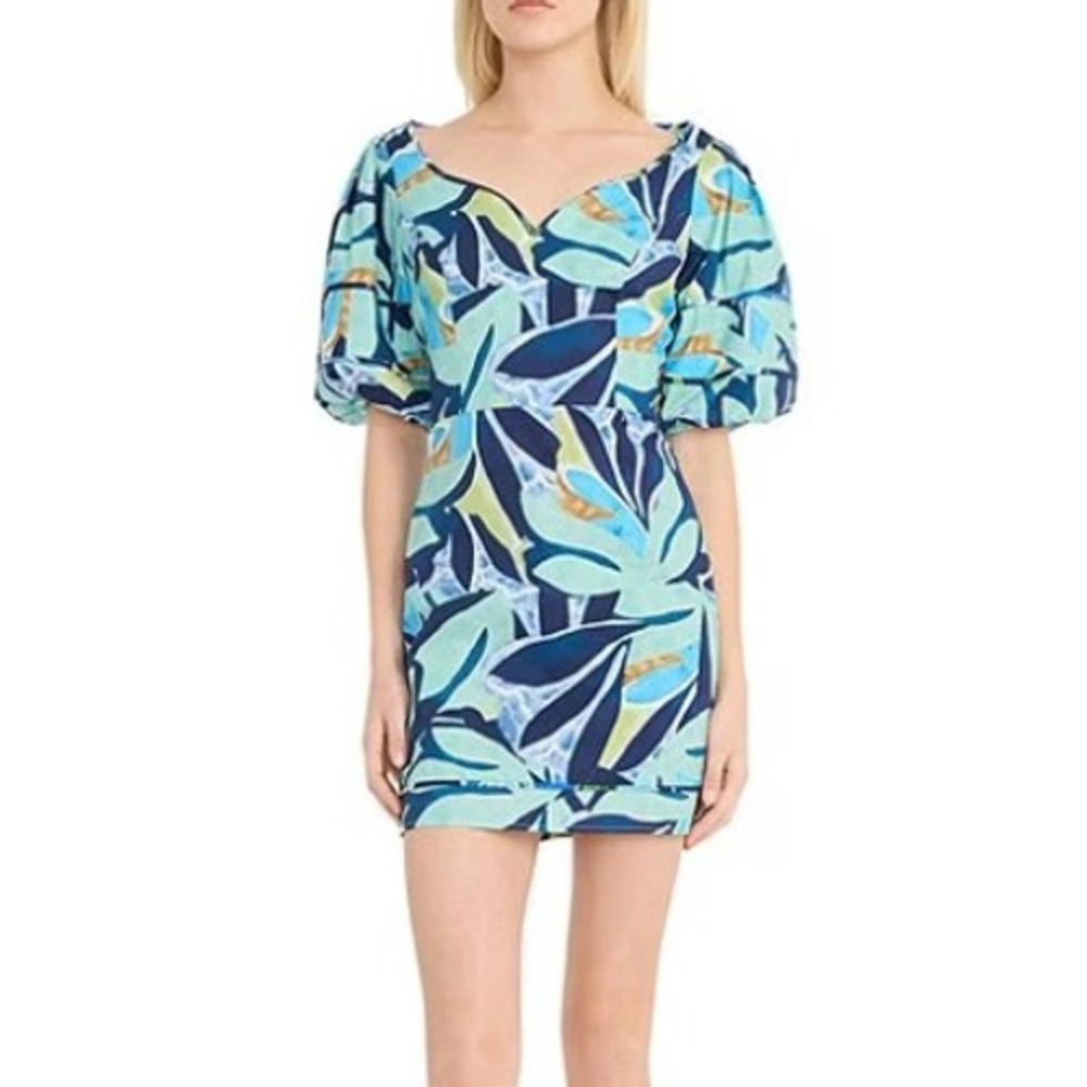 Donna Morgan Sheath Dress Womens 16‎ Poplin Floral Sweetheart Neck Puff Sleeve